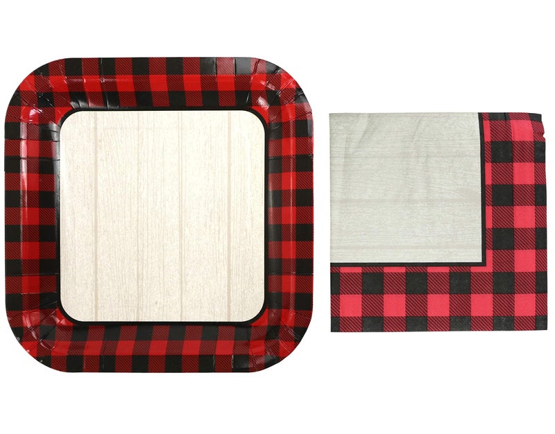 Iconikal 100-Piece Paper Dinner Party Pack, Woodgrain Buffalo Plaid, 40 Plates and 60 Napkins - Image 4